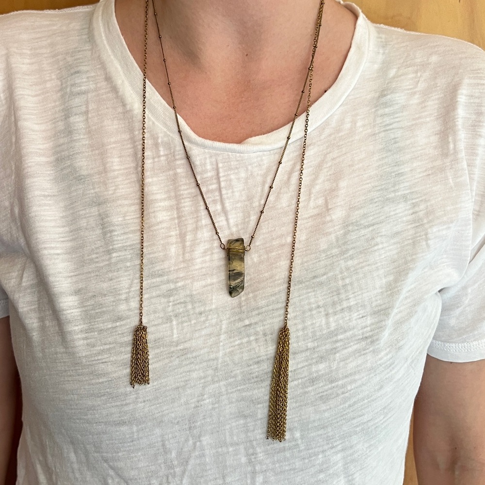 Green and gold Stone & Tassle Necklace